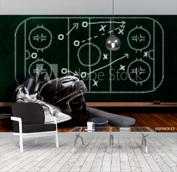 Picture of Ice Hockey Equipment and Chalk Board Play Strategy